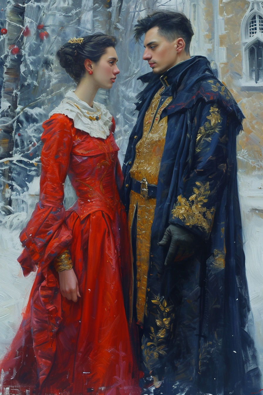 Elegant medieval couple in Christmas attire