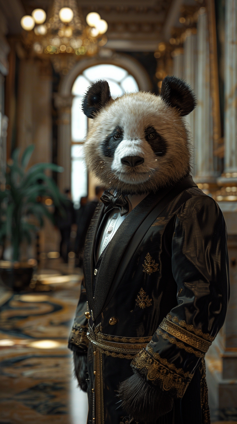 Panda in black tie fashion show