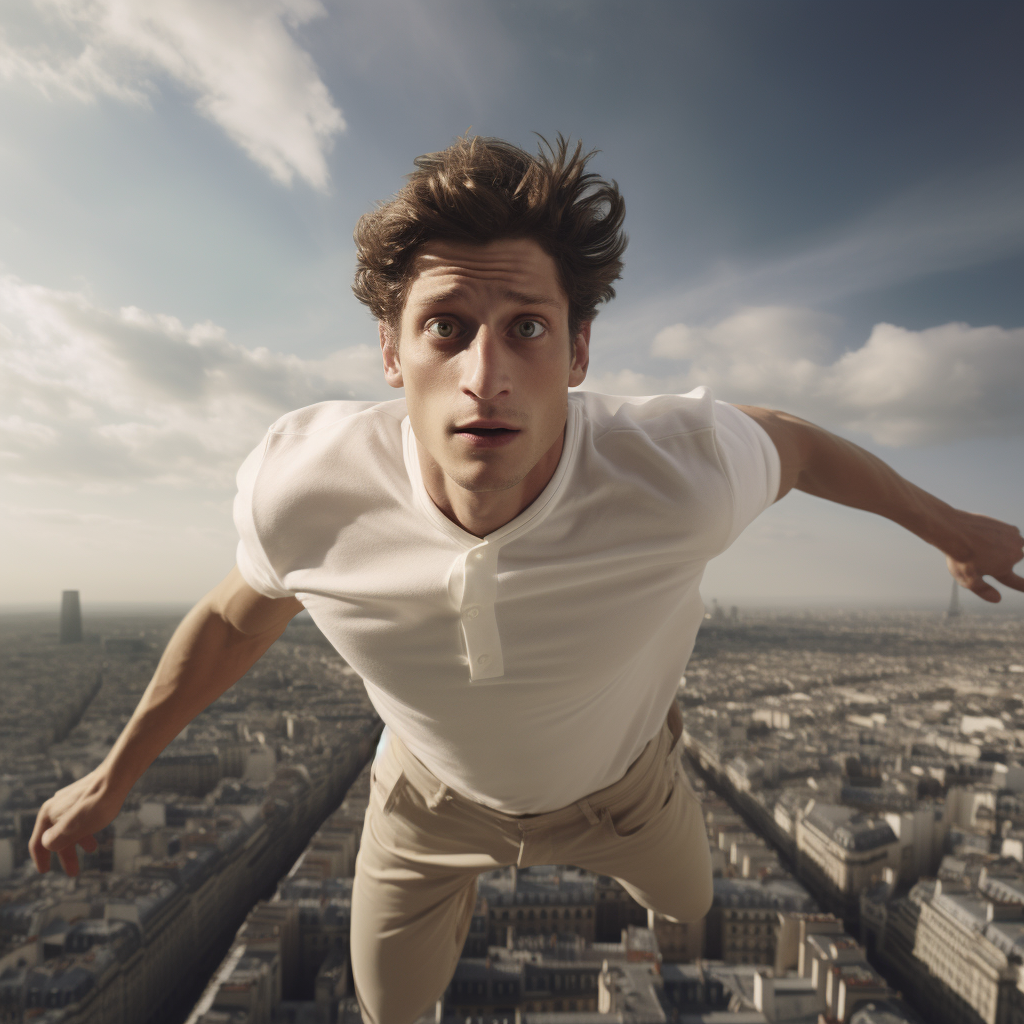 Pierre Niney flying in high-fashion Lacoste polo over Paris