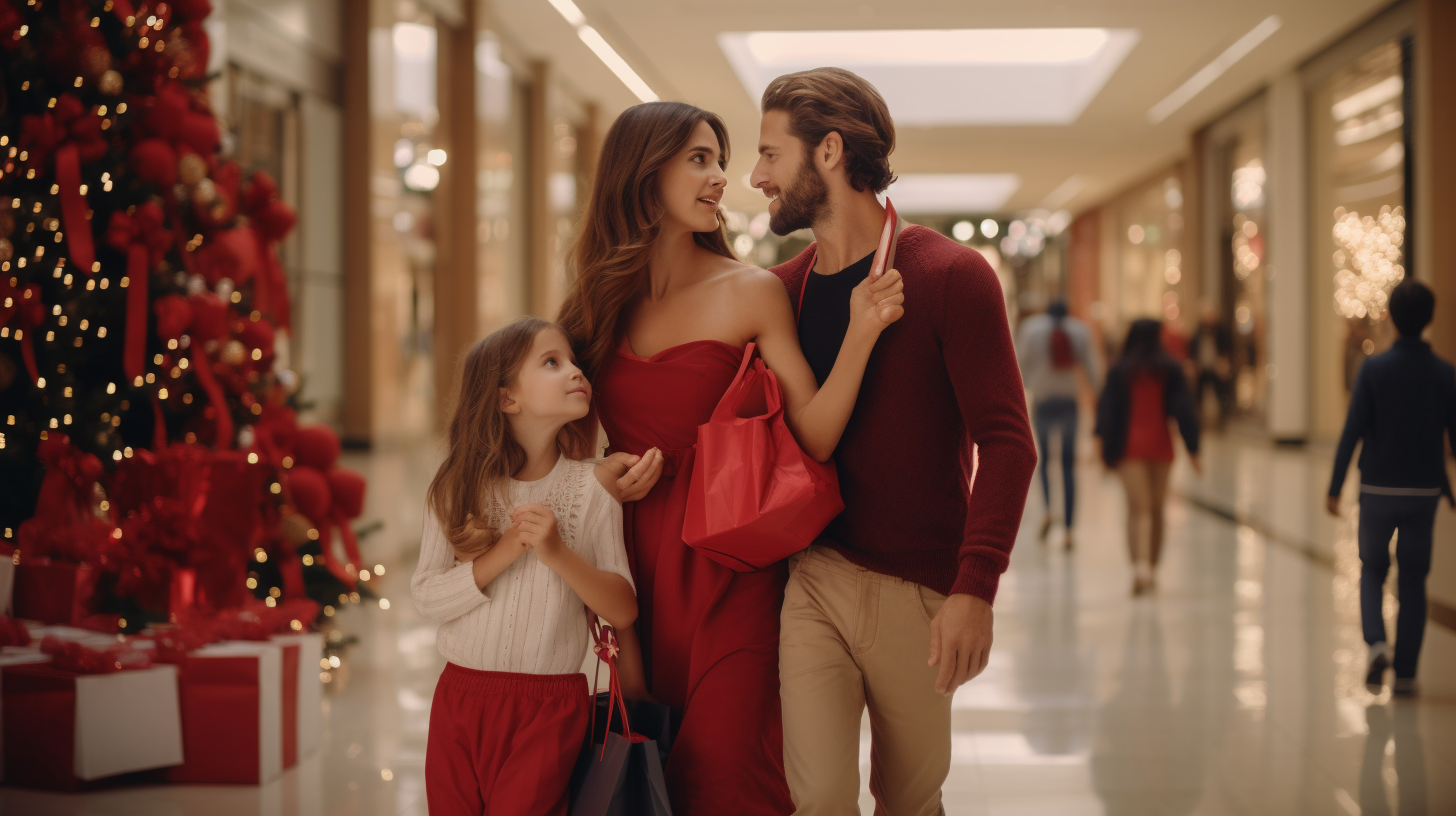 Woman in elegant red dress finds family