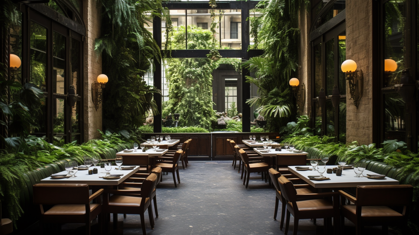 Elegant restaurant dining patio with lush greenery