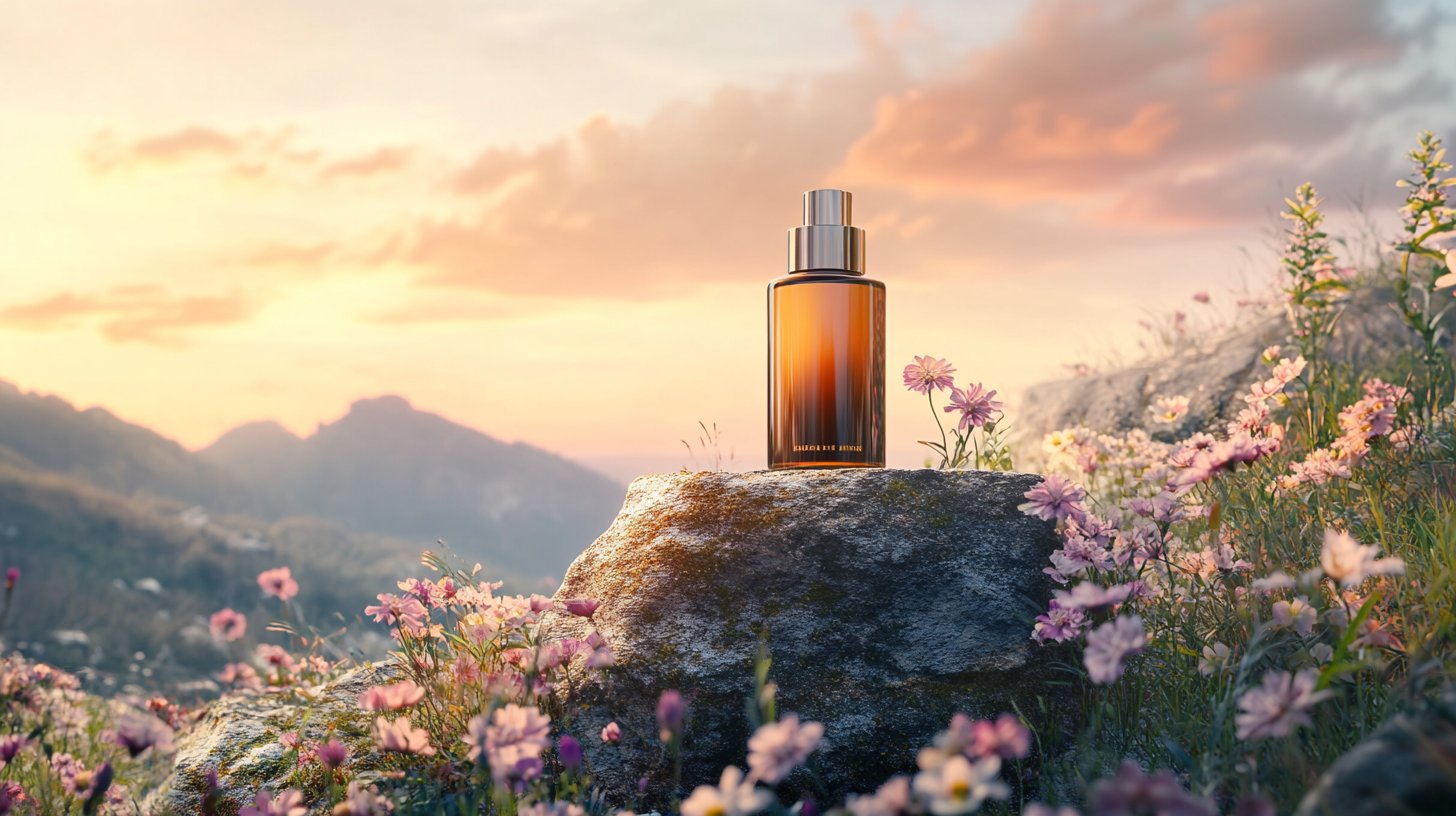 skincare bottle wildflowers sunset