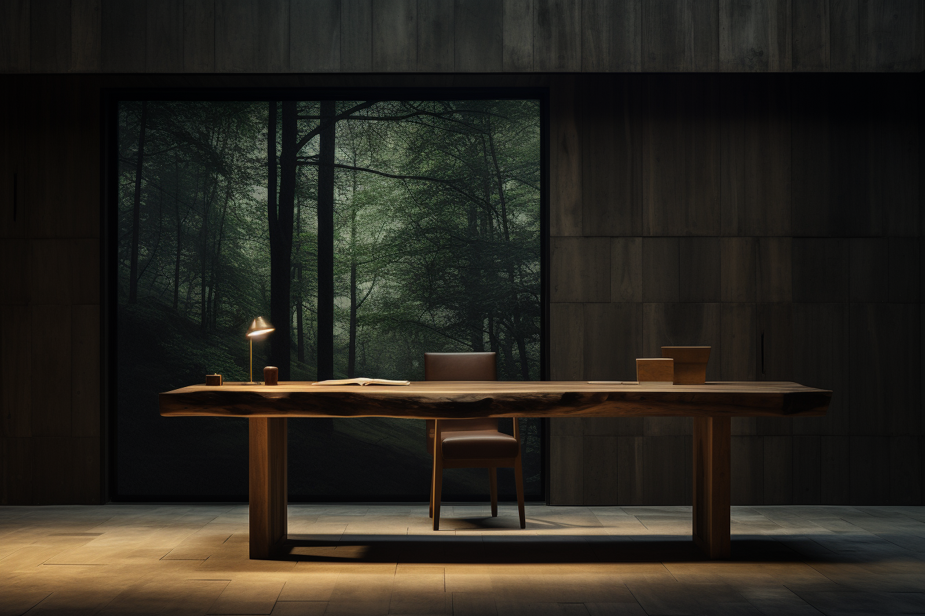 Elegant timber desk with cinematic lighting