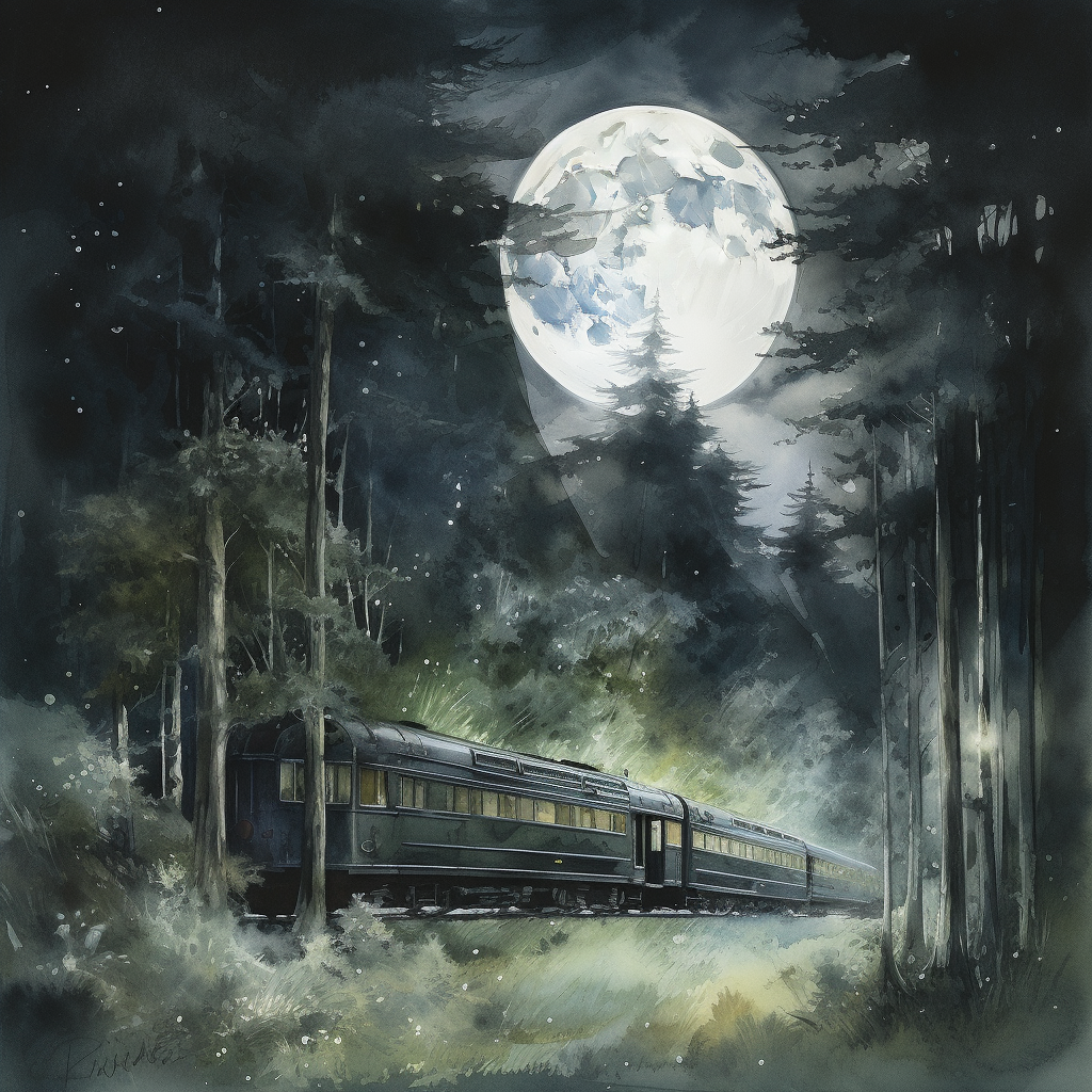 Tranquil train ride through moonlit forest