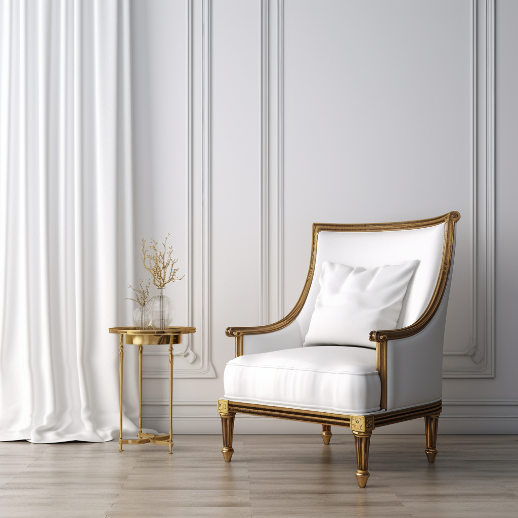 Stylish white fabric chair with wood trim