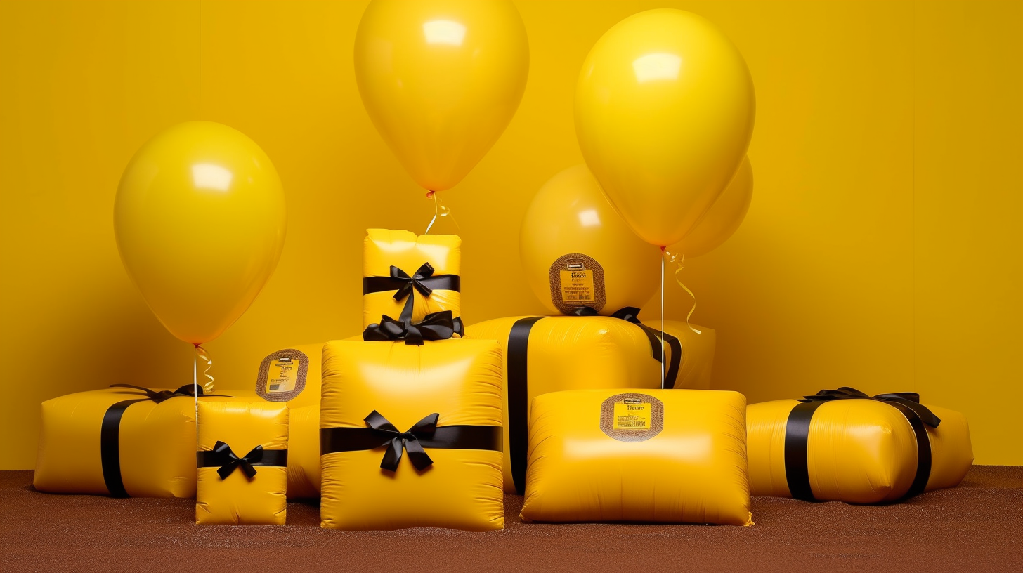 Yellow birthday cake with soccer decorations and balloons