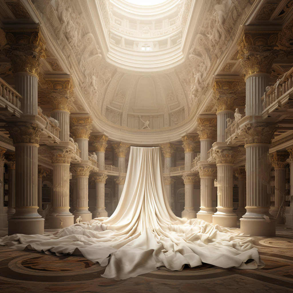 White cloth covered Roman palace with poetic details