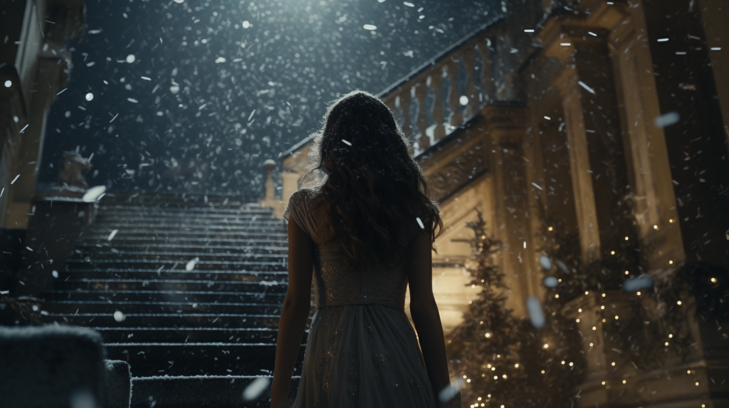 Elegant woman on French stairs during Christmas night