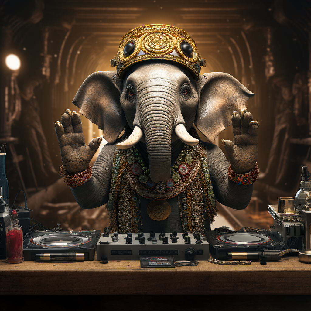 Googly-eyed elephant DJ