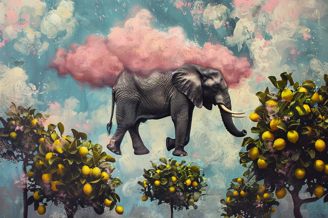 Elephant on Pink Cloud with Lemons