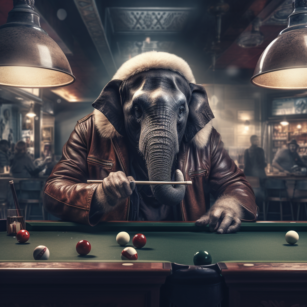 Elephant playing pool in a leather jacket