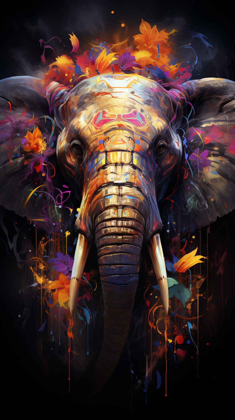 Vibrant Elephant Scraperboard Art with Graffiti and Electric Colors