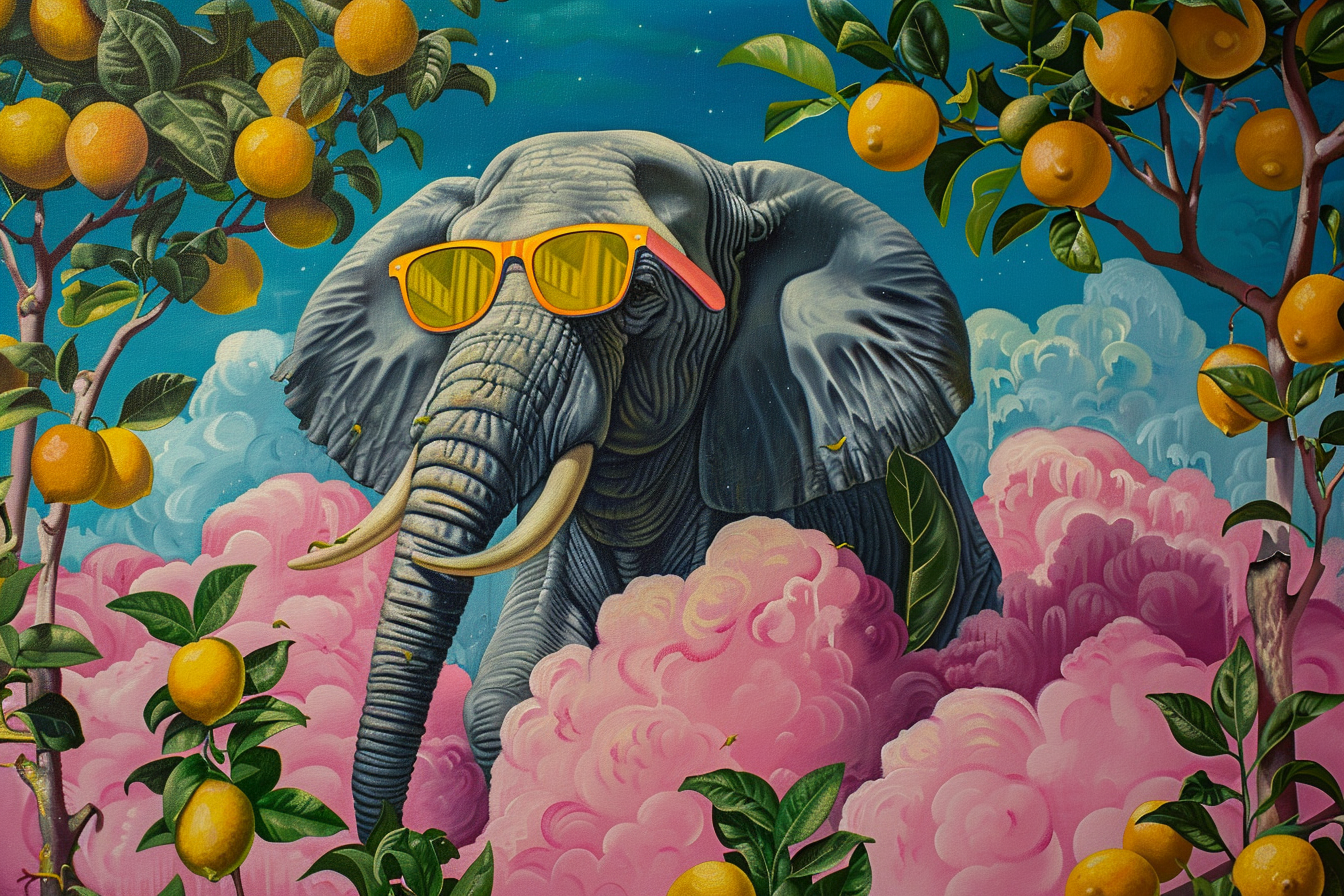 Elephant wearing sunglasses on pink cloud