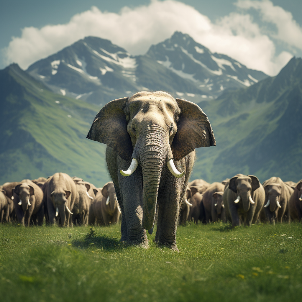 Elephant surrounded by sheep in Swiss mountains