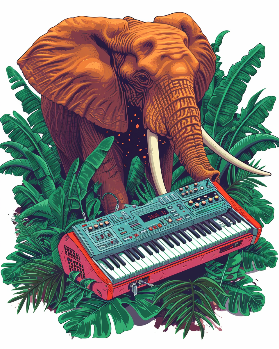 Elephant playing synth keyboard in jungle