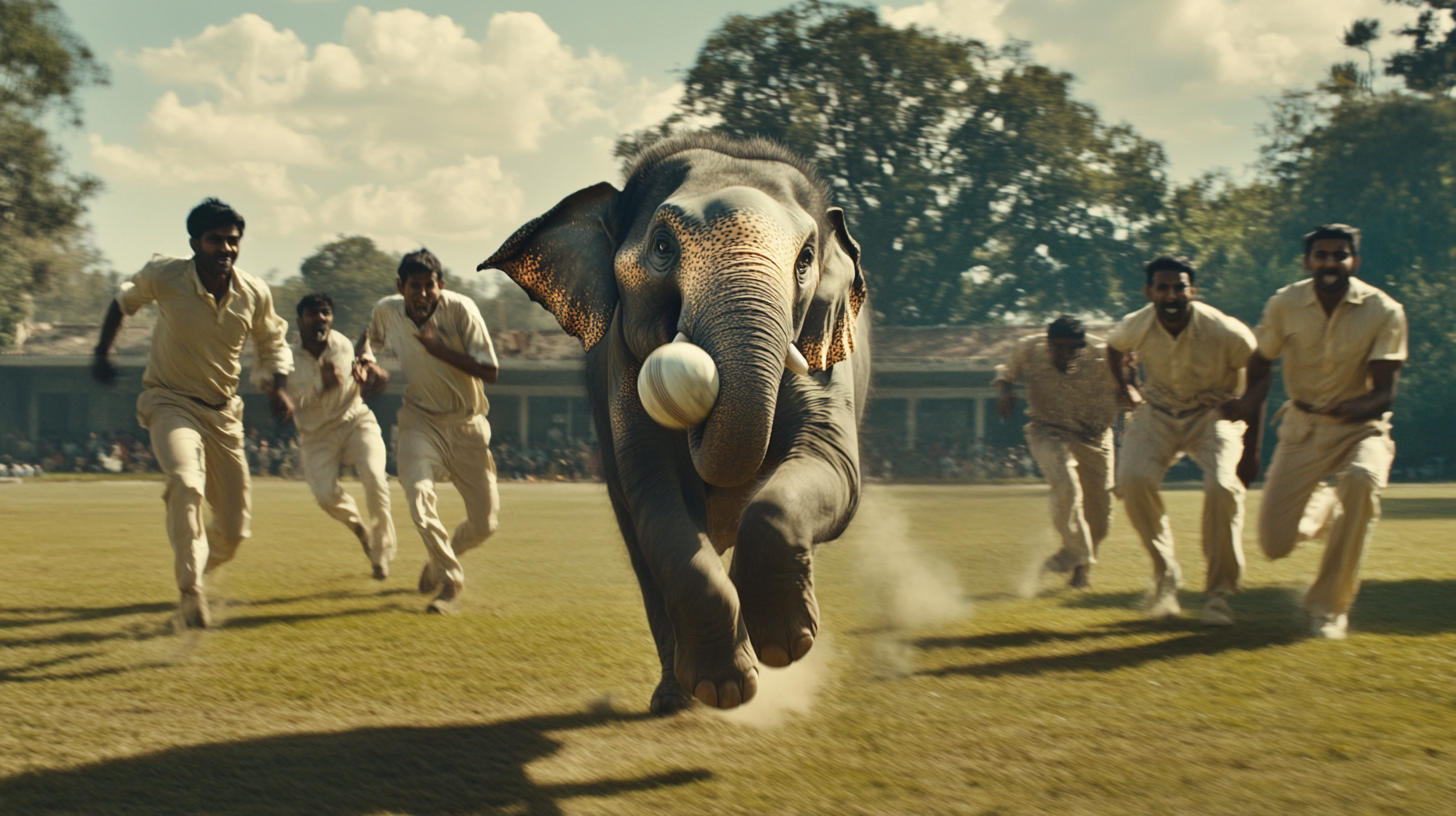 elephant with cricket ball running from cricket players