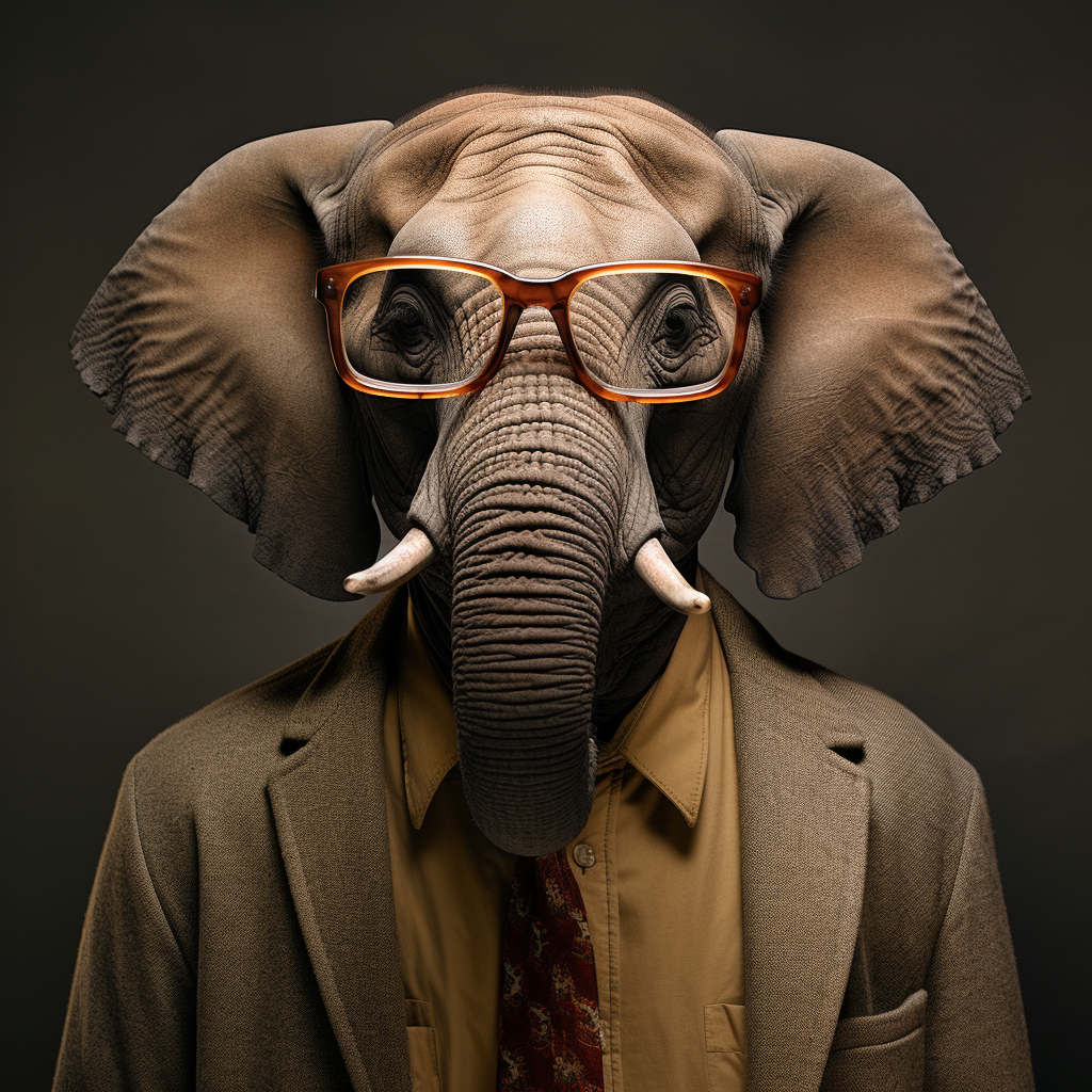 Adorable elephant with glasses and camera lens