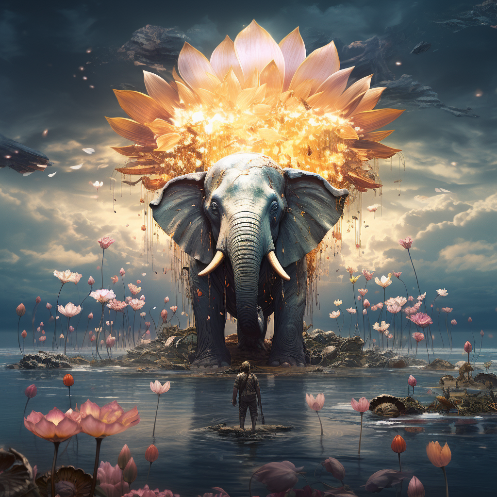 Elephant emerging from lotus flower above sea