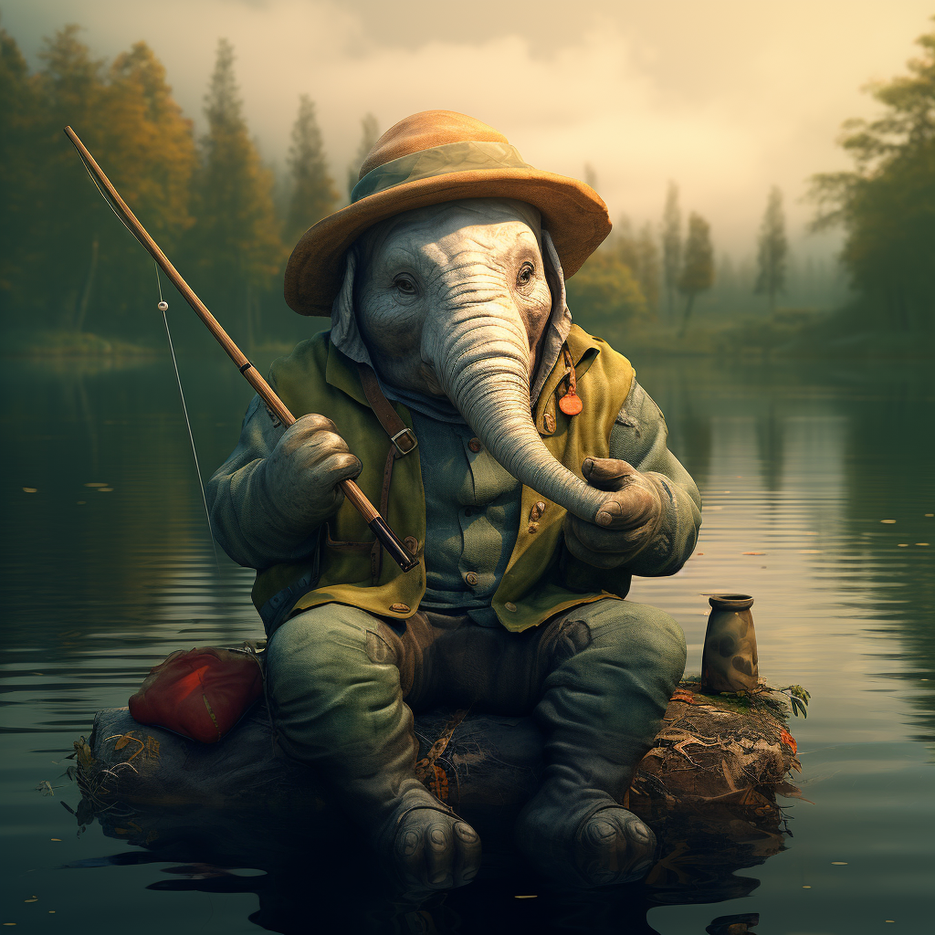 Elephant by lake with fishing hat