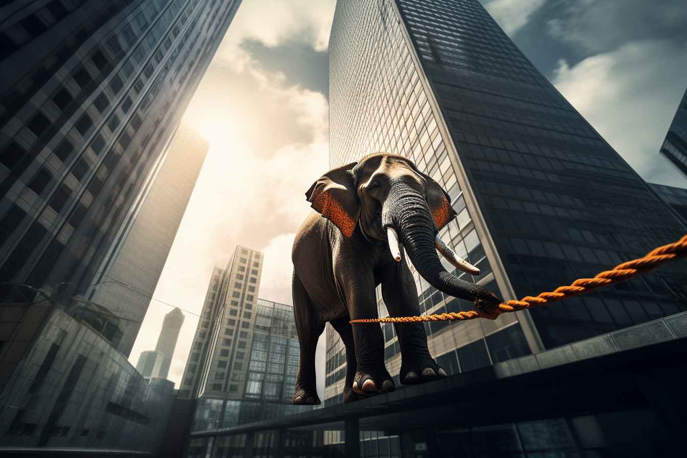 Elephant walking on rope between skyscrapers