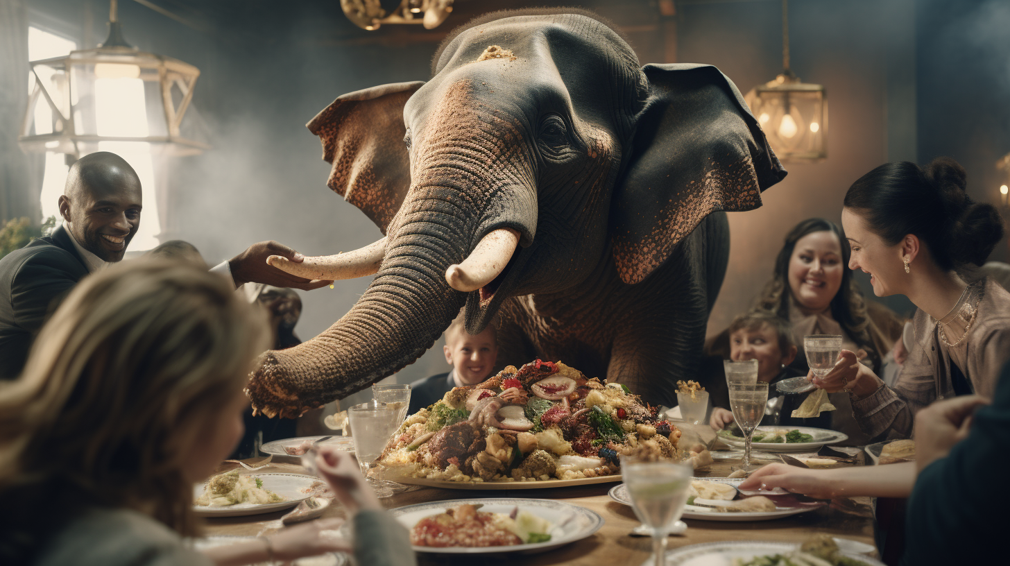 Elephant standing on food platter