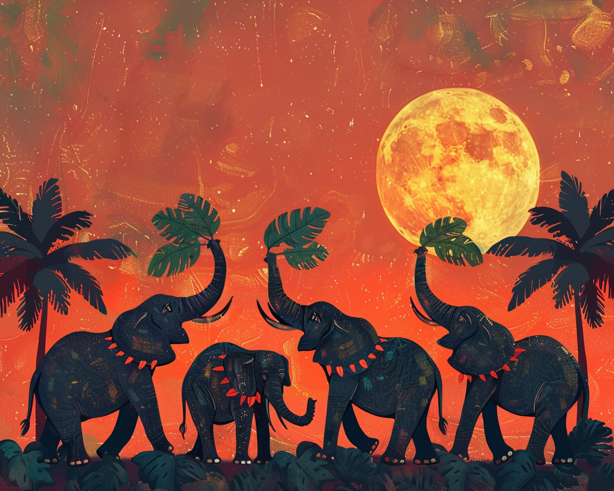 Elephants holding palm leaves under full moon