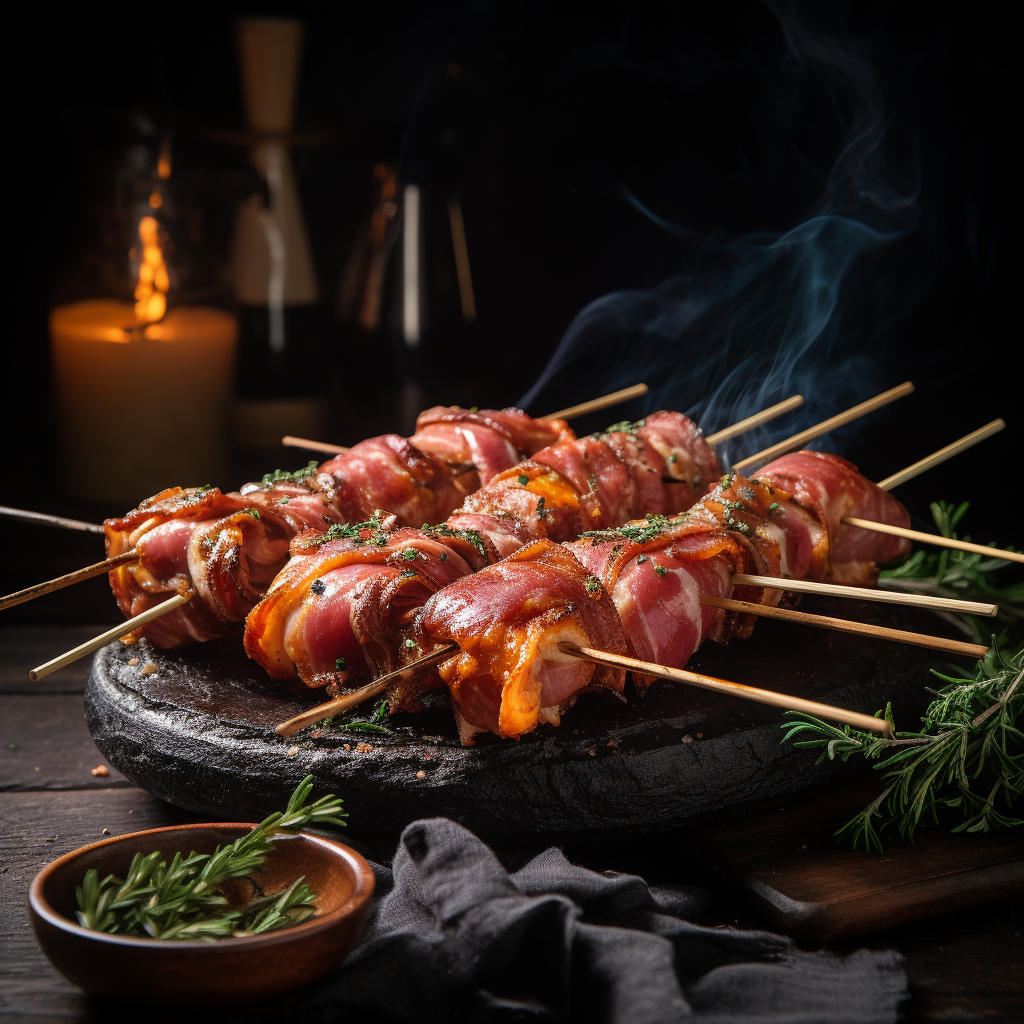 Tasty saltimbocca skewers displayed on a charcoal stand