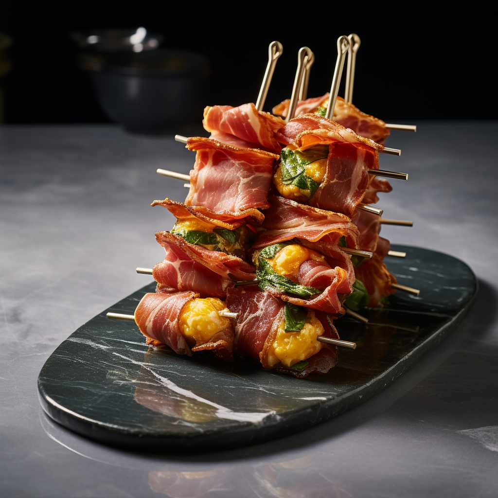 Delicious saltimbocca skewers on charcoal stand.