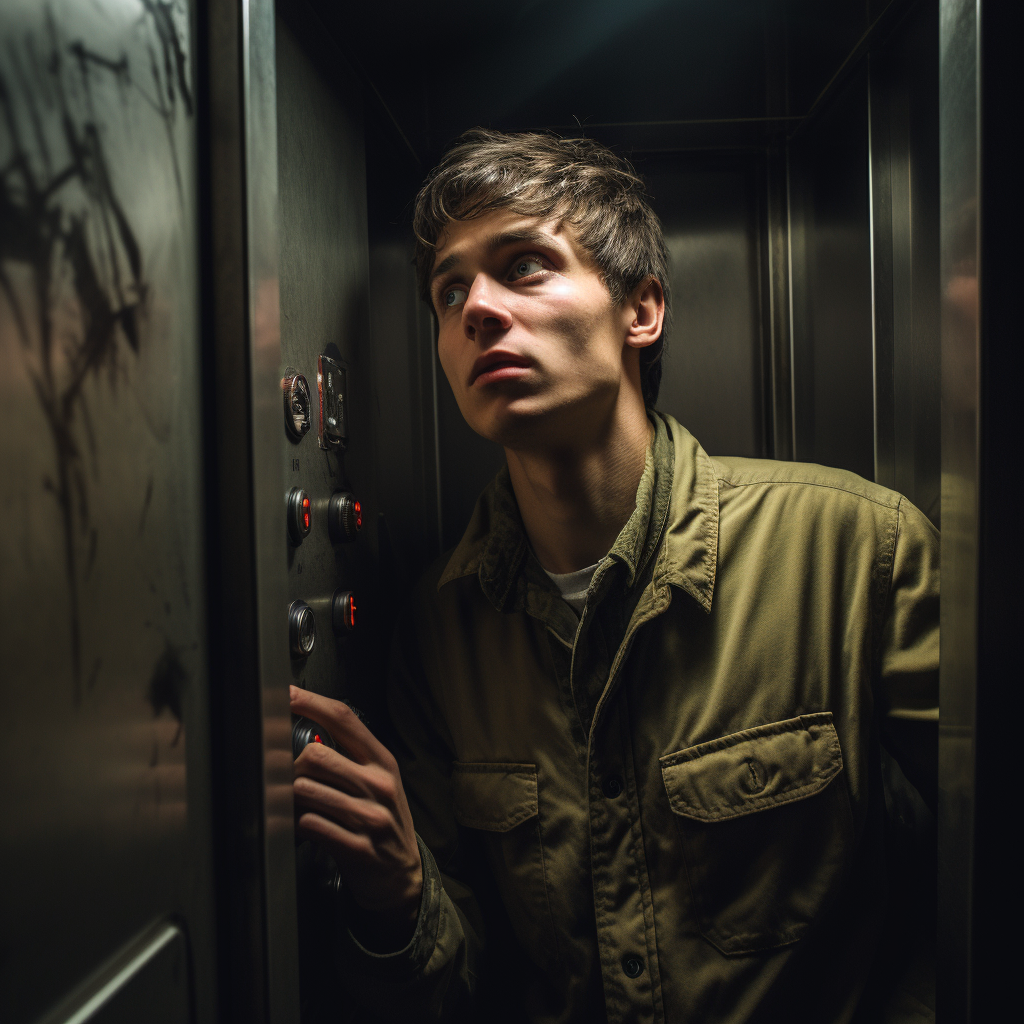 Young man fighting elevator buttons