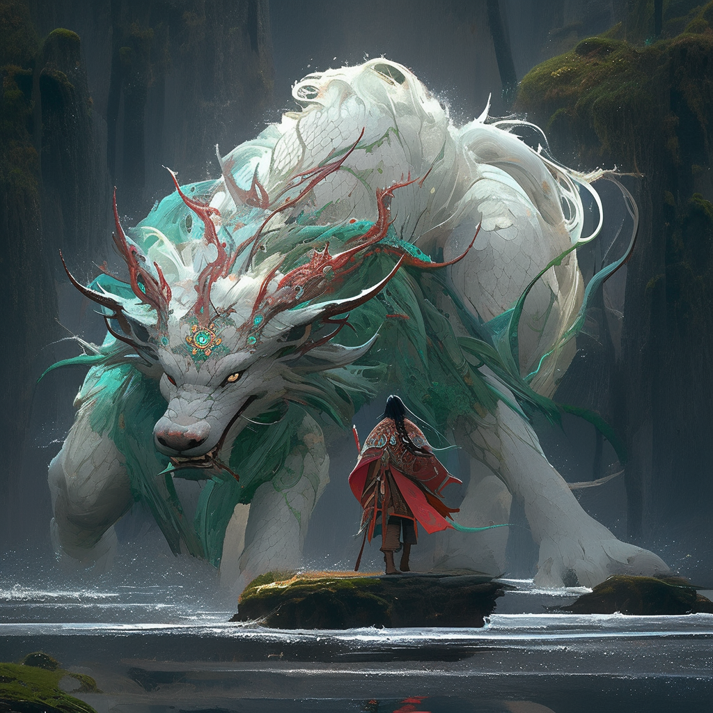 Majestic elf druid travelling with a qilin