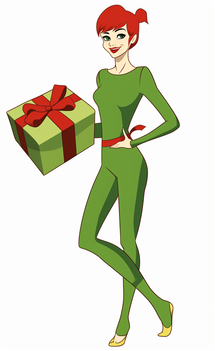 Illustration of girl dressed as elf with gift box