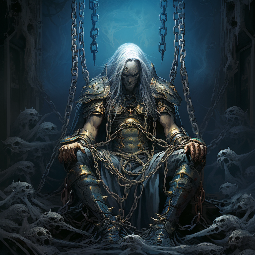 Mighty elf god with chains and skull throne