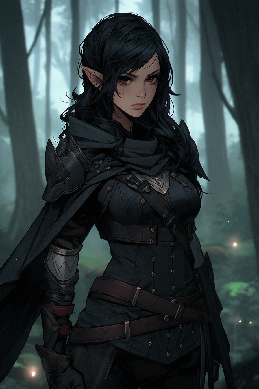 Elf rogue in forest at night