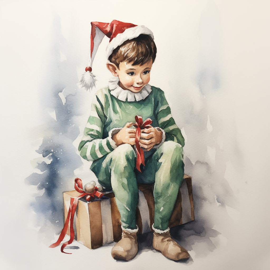 Cute elf sitting in watercolor painting