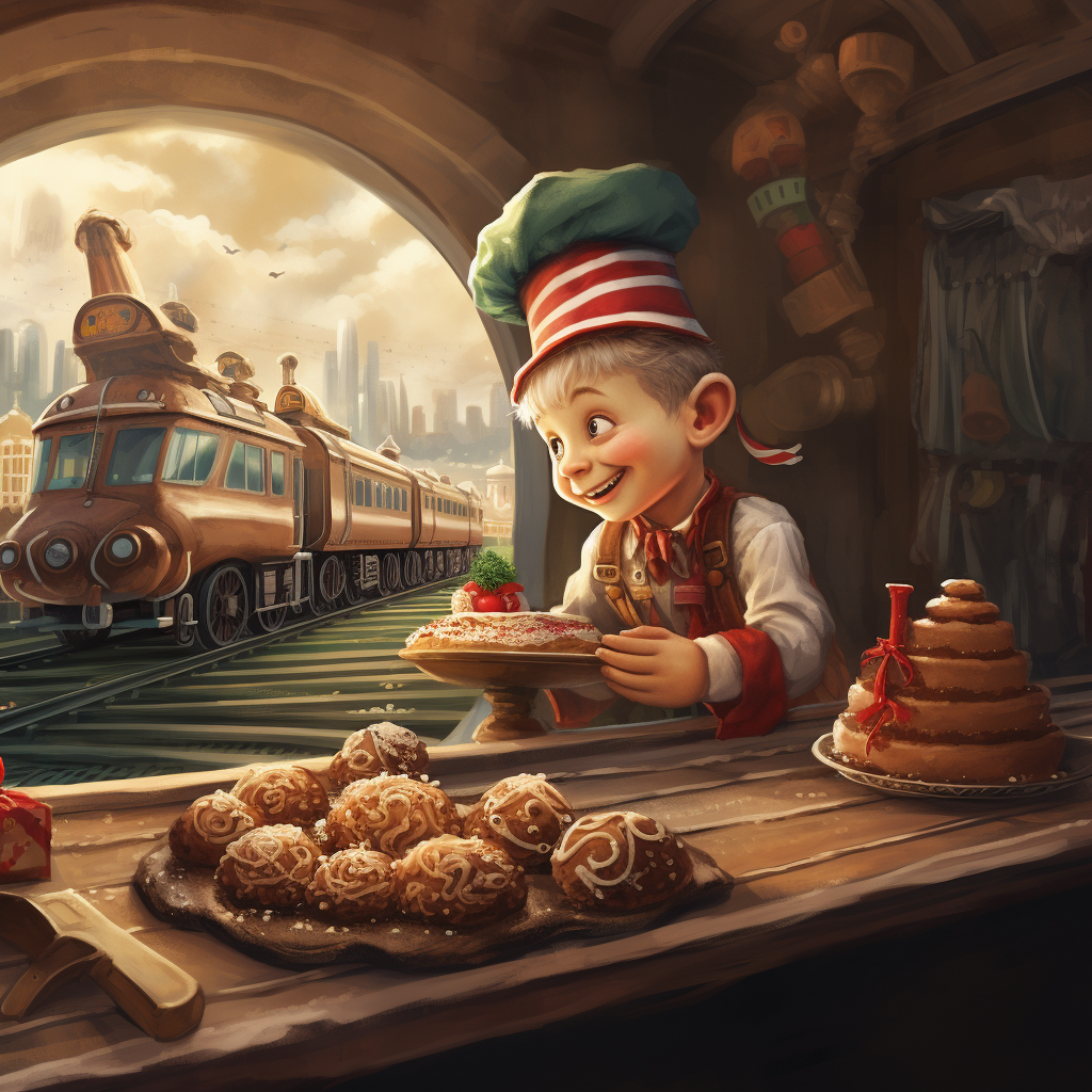 Cute Elf Train Engineer Enjoying a Delicious Pastry