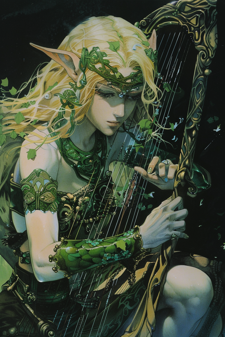 Female Elf Playing Autoharp Night