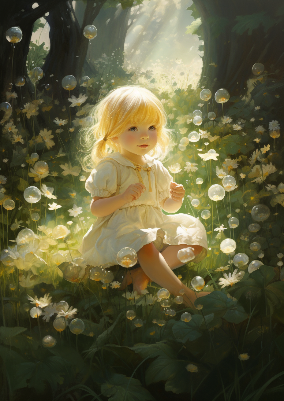 Elf girl baby sitting in a flower-filled field