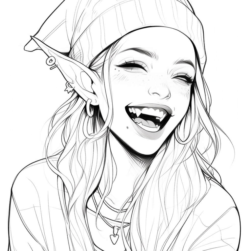 Ink sketch of an elf laughing