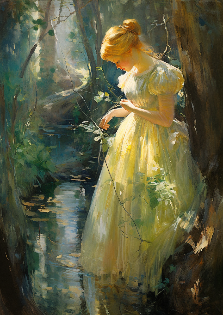 Elf princess in golden dress dancing in birch grove