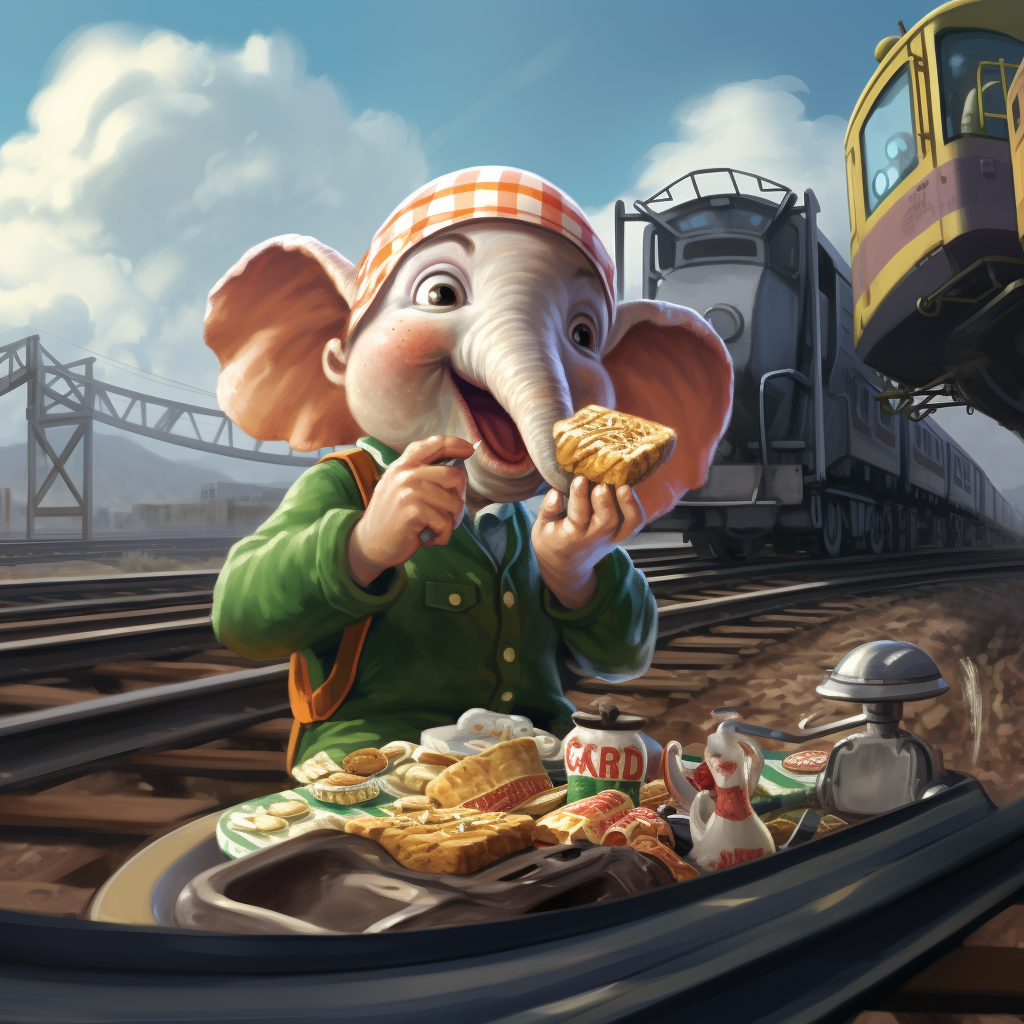 Elf train engineer enjoying elephant ear pastry