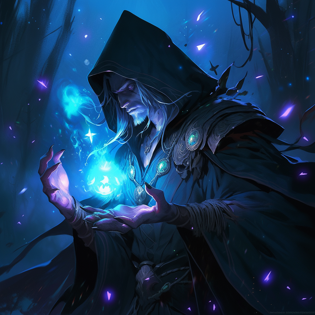 Grimdark mystic elf wizard casting an epic spell