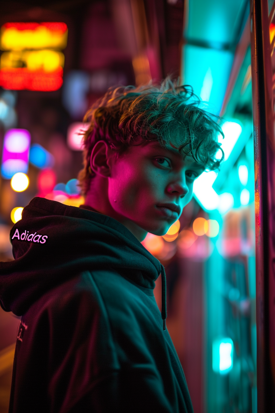 Elite young man in  Adidas  hoodie under neon lights