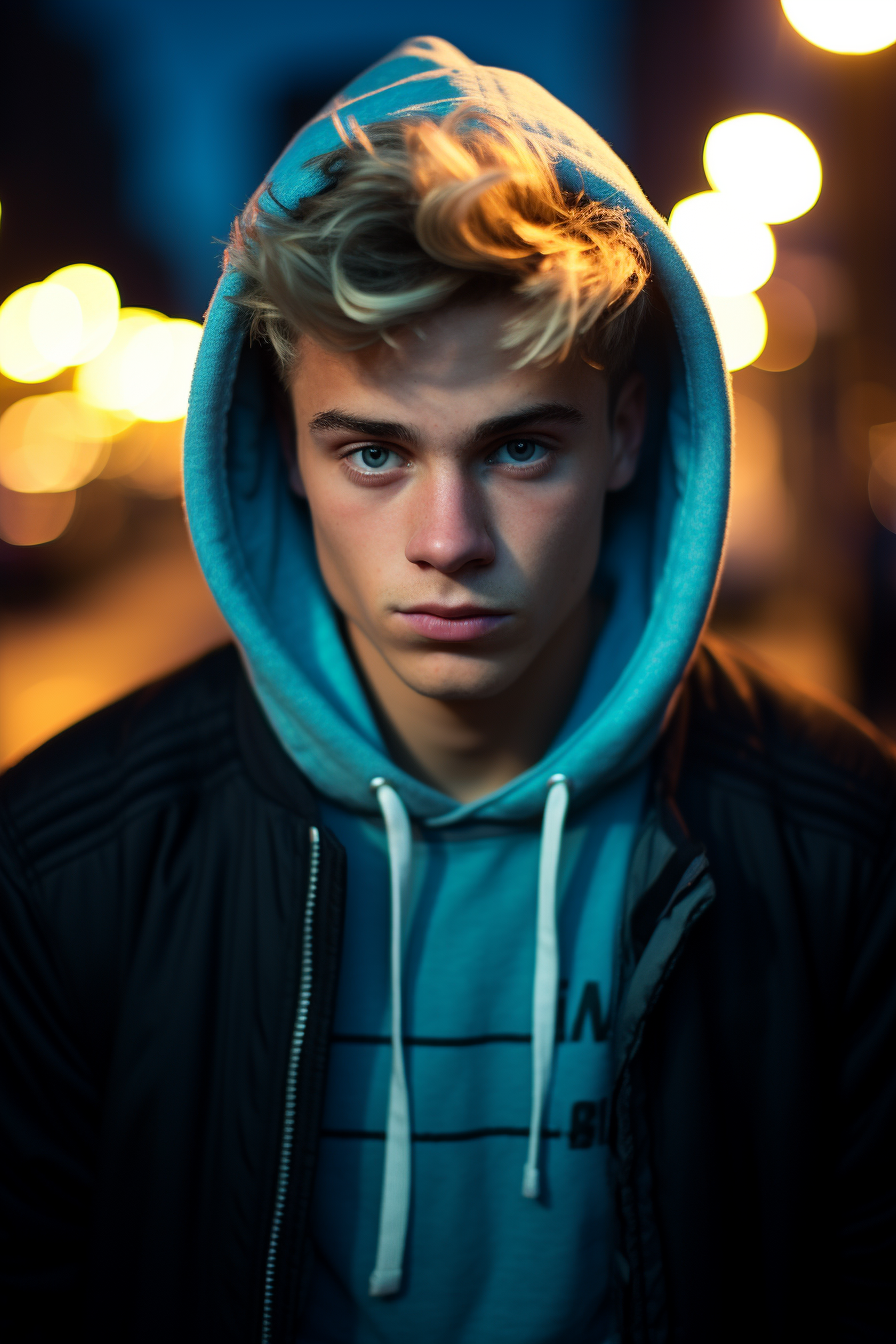 Teenager in black Adidas hoodie under neon lights