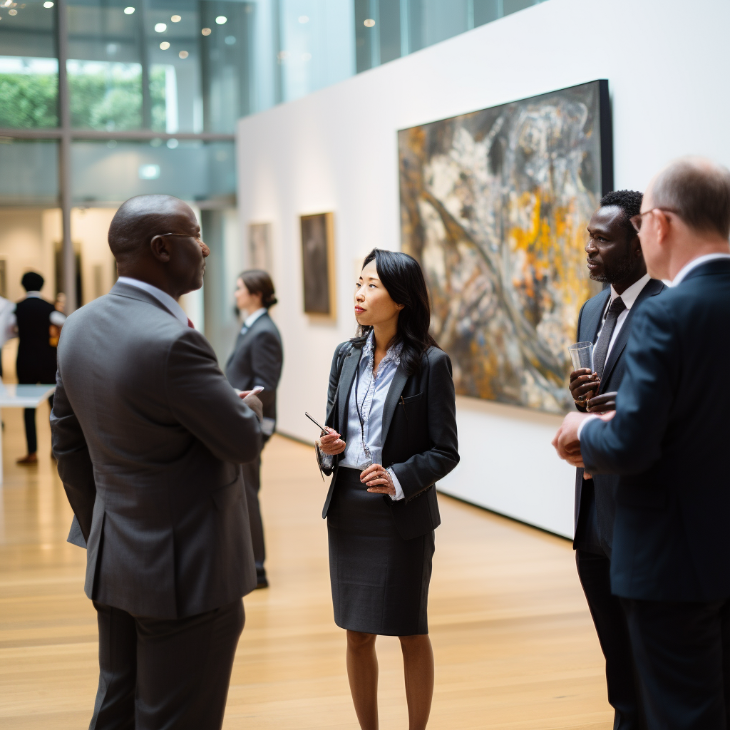 Successful business professionals observing art gallery