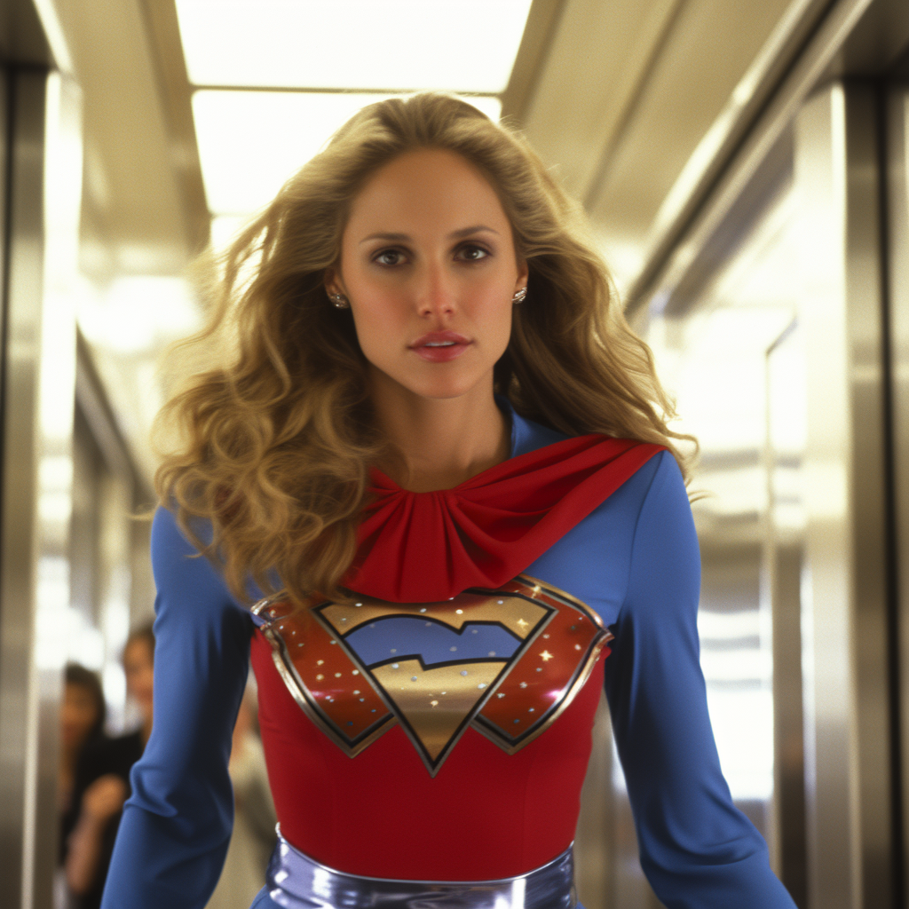 Elizabeth Berkley transforming into Superwoman