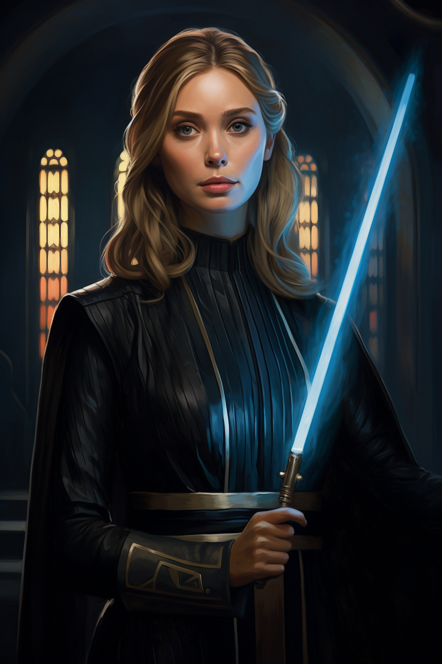 Elizabeth Olsen as Jedi Master with blue laser sword