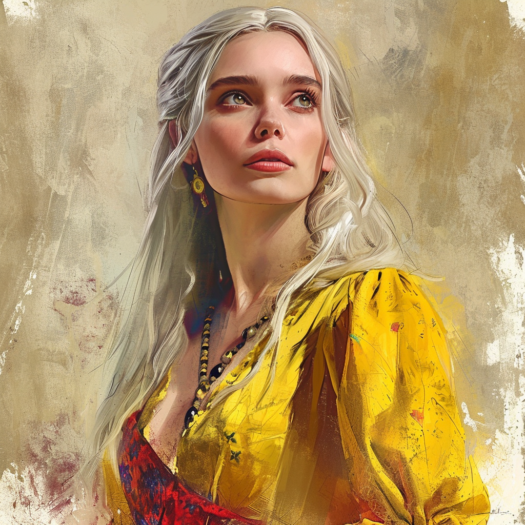 Elizabeth Olsen in yellow and red medieval dress