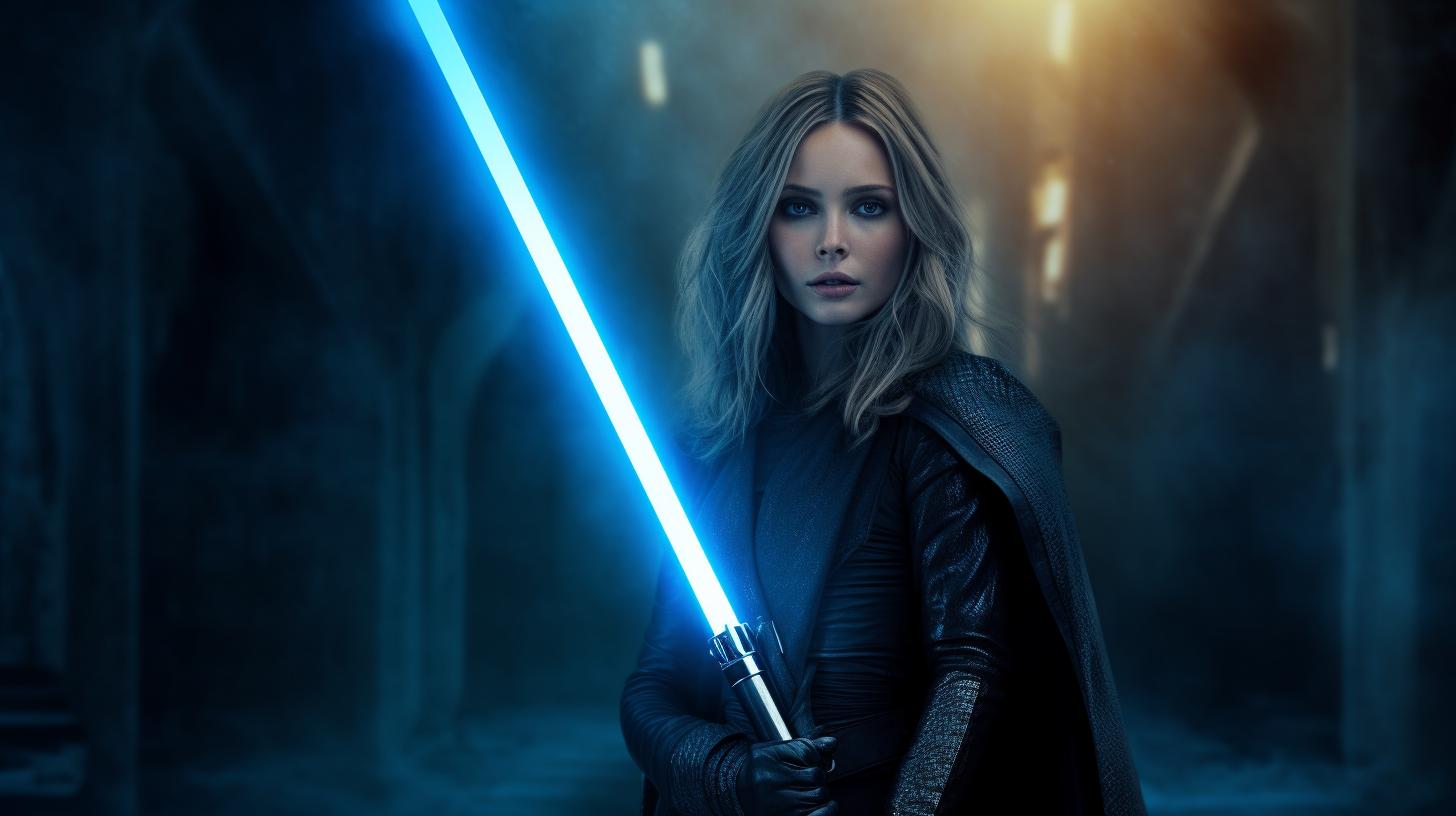 Elizabeth Olsen as Jedi with blue laser sword