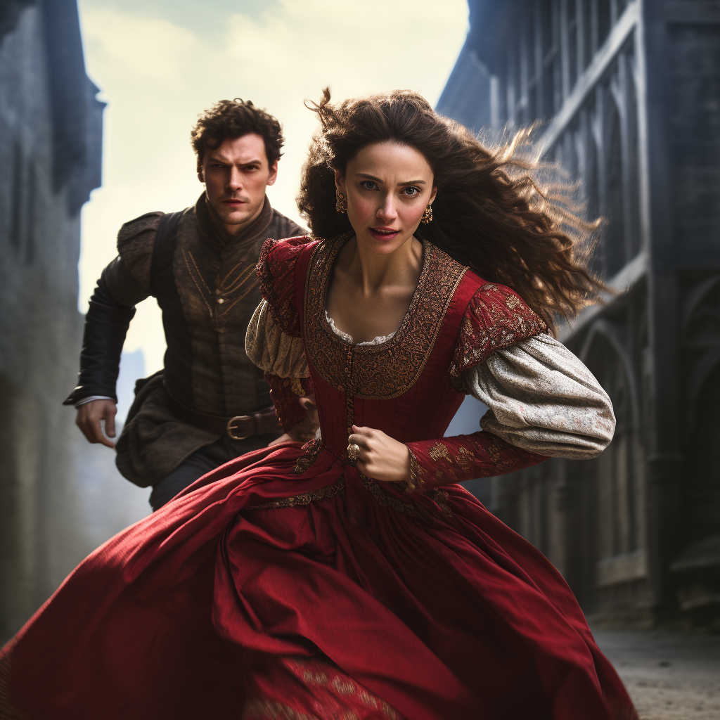 Elizabethan knight and woman running from danger