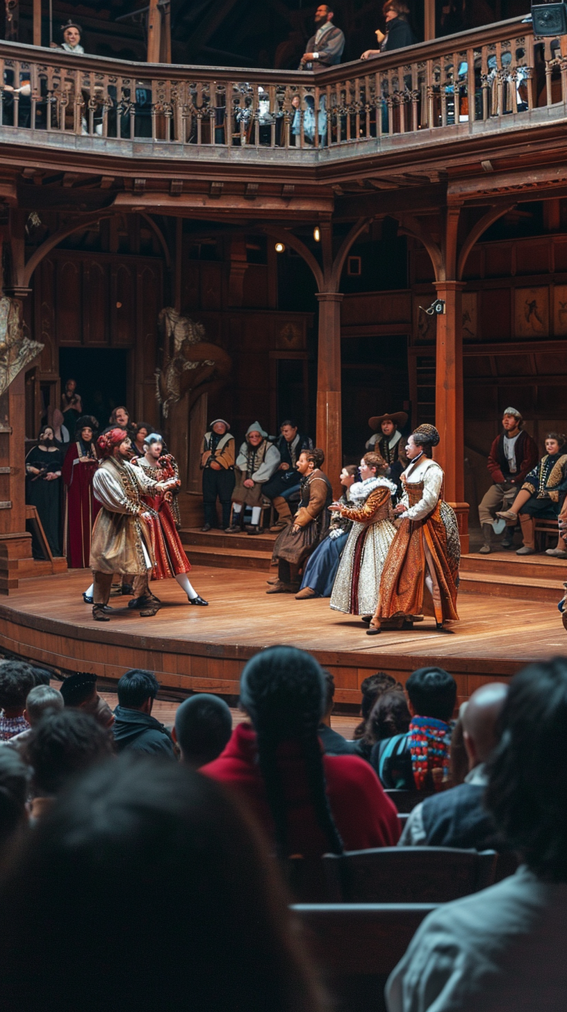 Elizabethan theater scene with actors performing drama